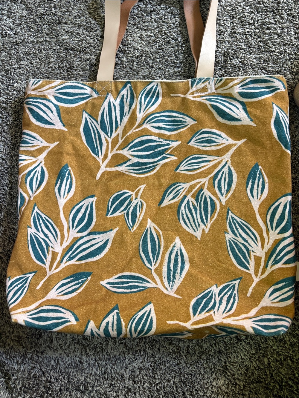 Canvas Leaf-Print Tote Bag in Mustard and Teal